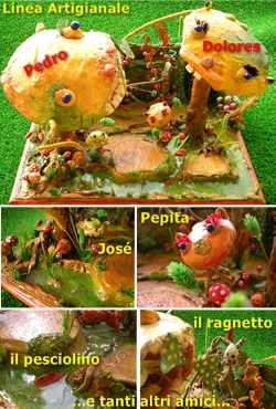 Diorama Fantasy : Pedro, Dolores, Pepita e Jos�. Una particolare famiglia di funghi in un mondo incantato.