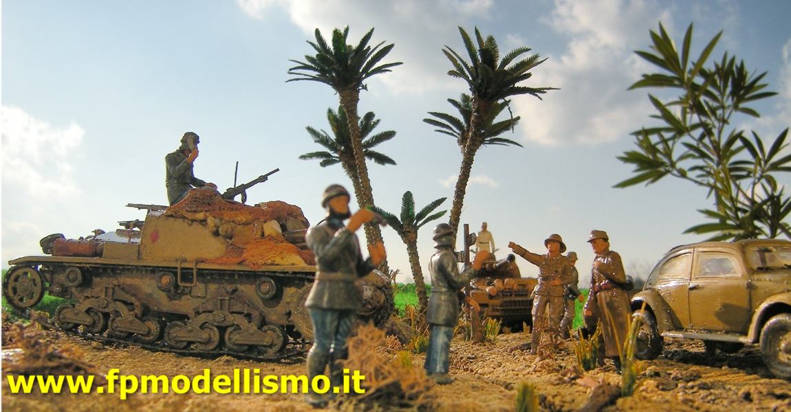 DIORAMA FP MODELLISMO EL ALAMEIN CON FIGURINI E MEZZI MILITARI ITALERI