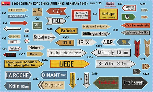 German Road Signs WWII (Ardennes, Germany 1945) in scala 1/35 MiniArt 35609 * EURO 13,30 in Kit * Euro 28,30 Costruiti (Iva Incl.) Art. Temporaneamente NON Disponibile